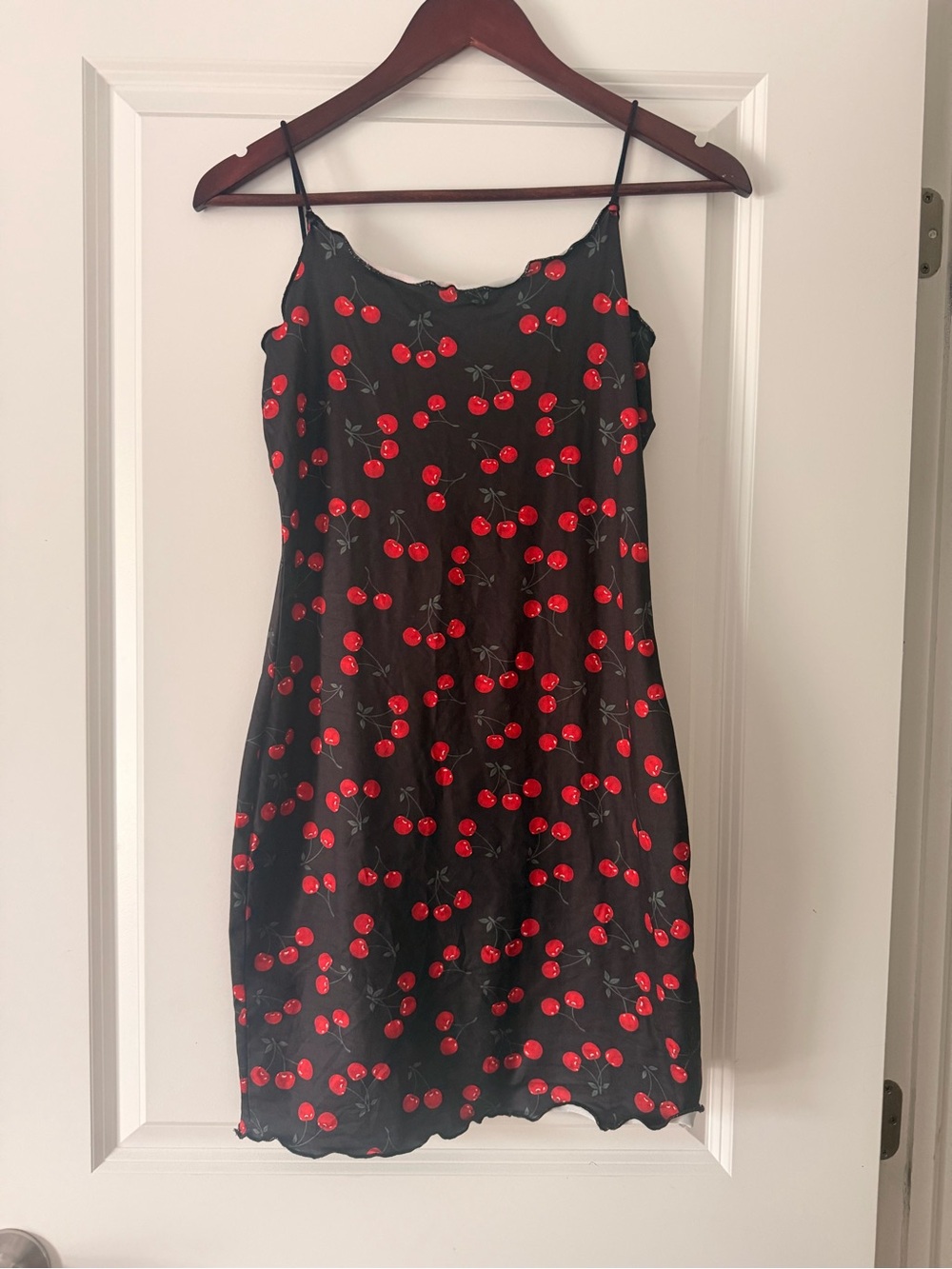 Black Fitted Slip Dress with Red Cherry Print